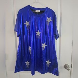 Fantastic Fawn Shiny Blue Mini Dress with Silver Stars